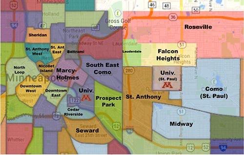 Map of neighborhoods near University of MN Twin Cities campuses
